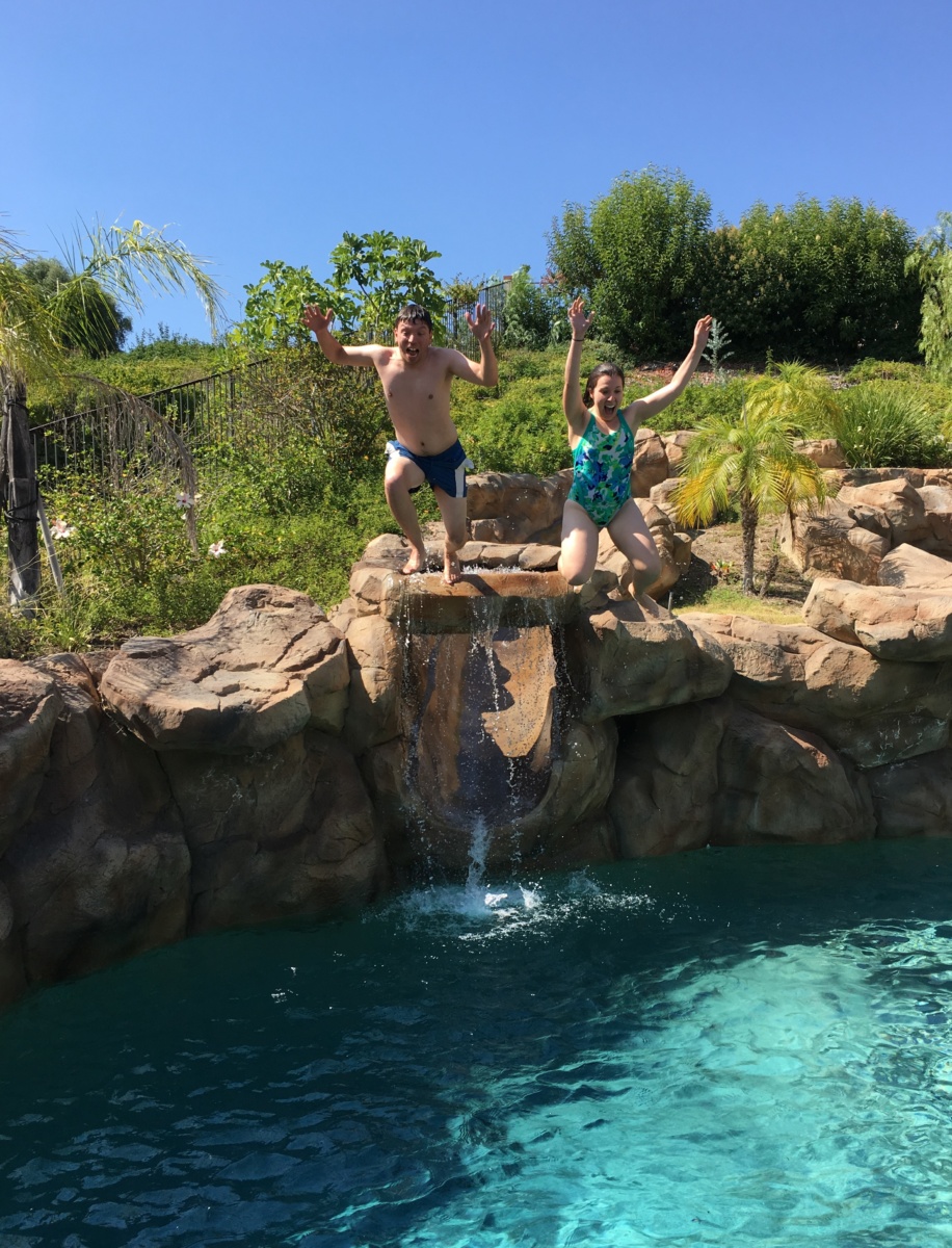 Jumping into the best garden pool you've ever seen