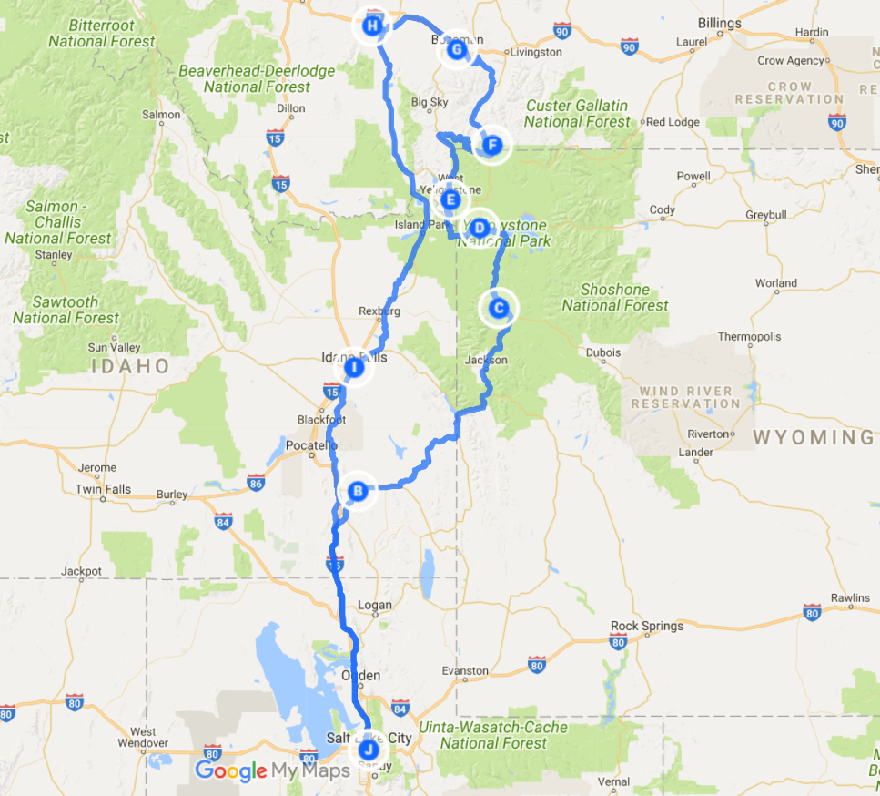 A map of our route from Salt Lake City and back