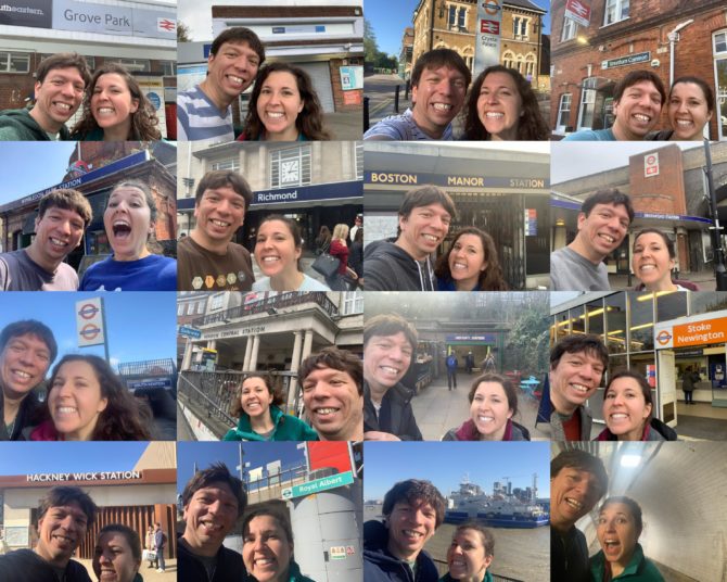 Selfies from each of the 15 sections, with a bonus from the Woolwich Foot Tunnel