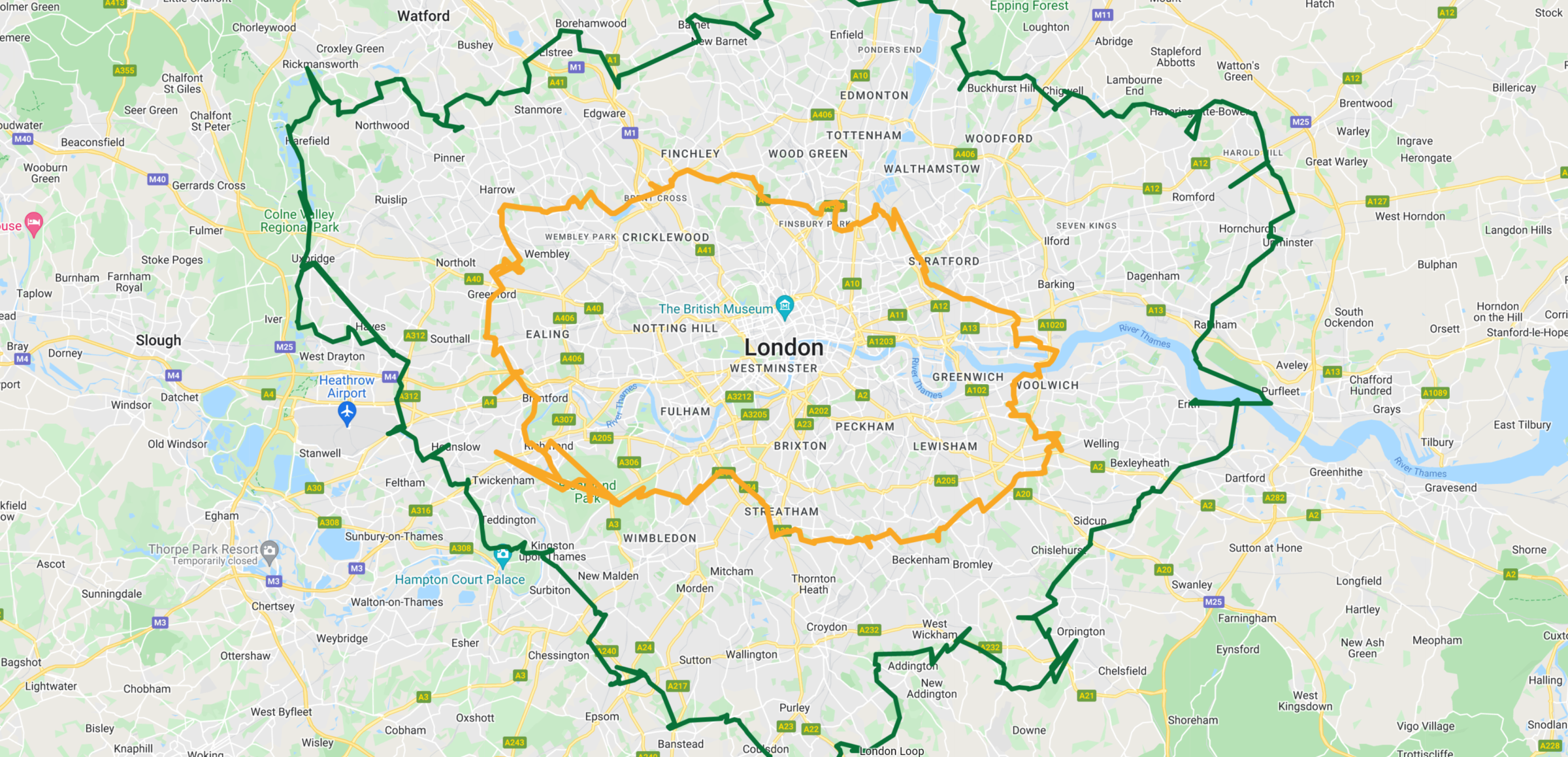 Geotagged photos from the Capital Ring in orange, with the London Loop in green for comparison