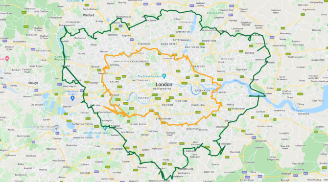 Geotagged photos from the Capital Ring in orange, with the London Loop in green for comparison