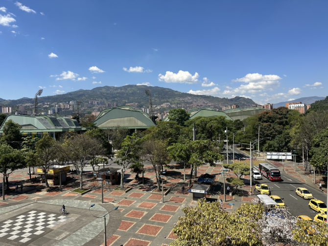 The sports complex and mountains beyond