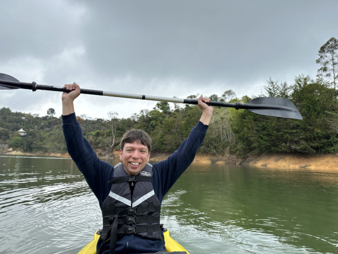 Celebrating my kayaking win (and staying in the boat this time)