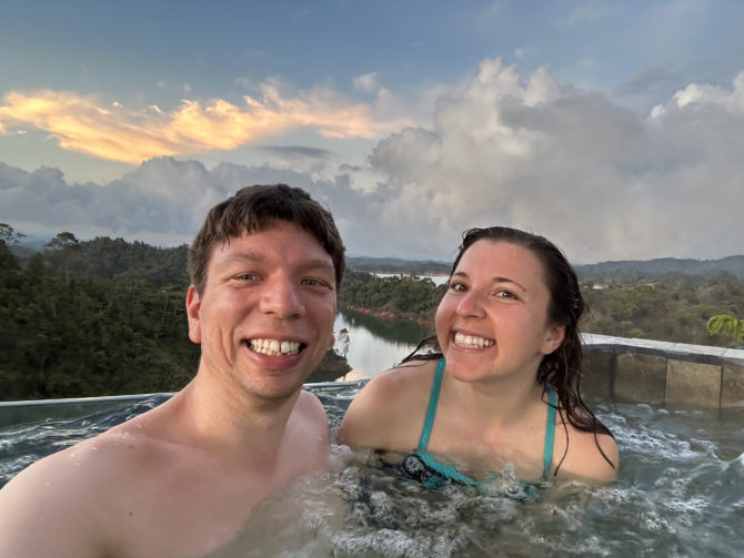 Relaxing in the heated pools over sunset