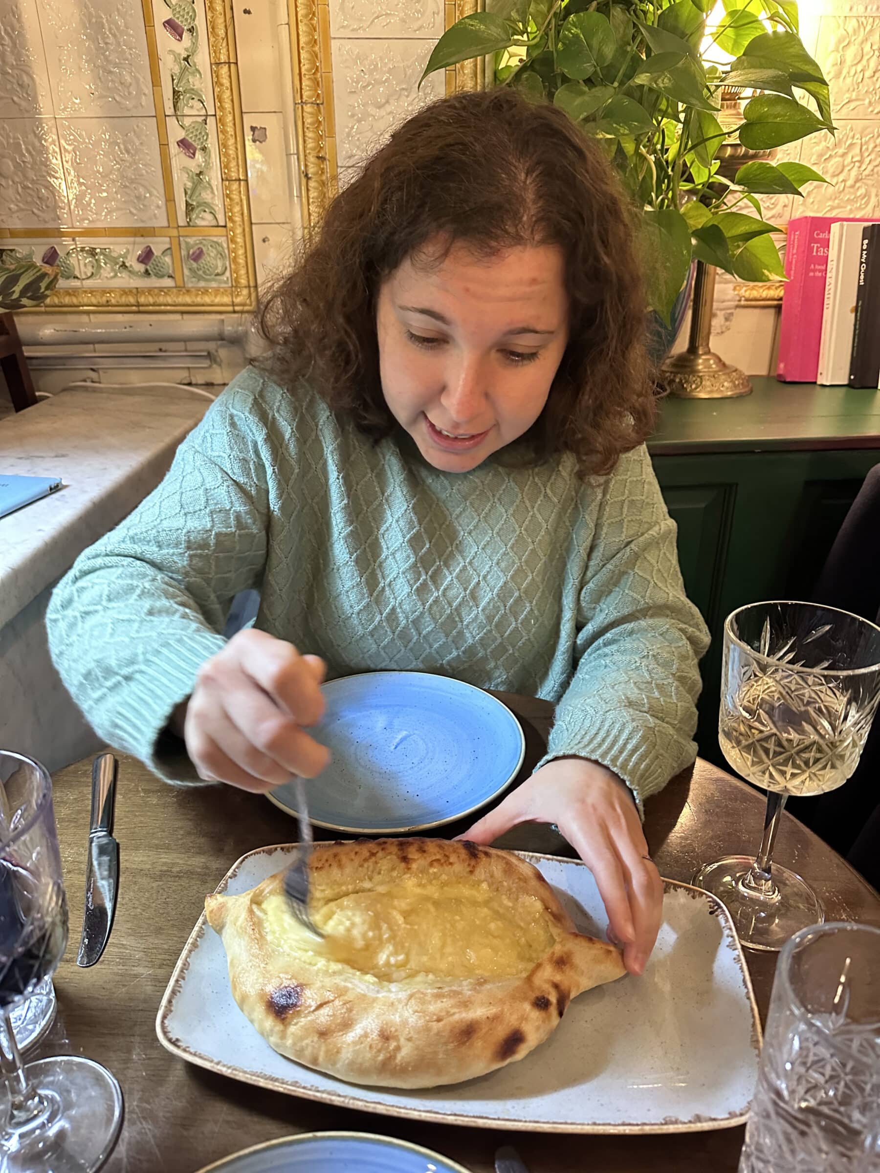 Making sure our khachapuri was just right