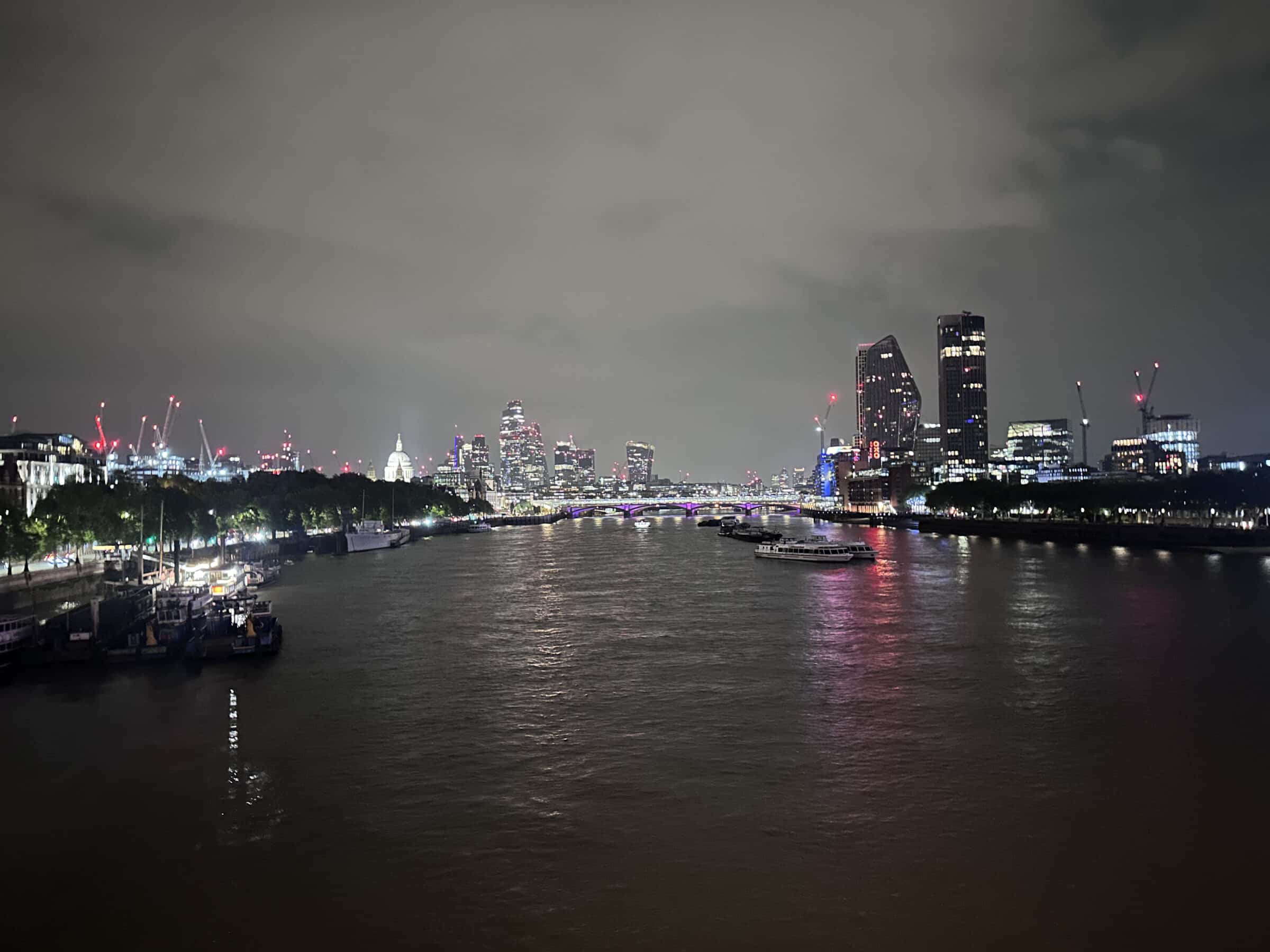 It's always wild to cross the river at night, like an early modern Londoner scurrying across before the gates slammed shut.
